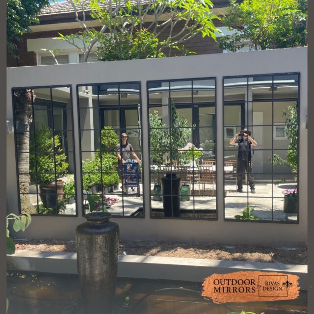 Smile! We're in the shot! standing in front of the outdoor mirrors.⁠
Our boys took a quick snap after they had hung this set of four 18 Sq mirrors.🤣 ⁠
Note to self 'I must get back and take a pic of the finished project.'