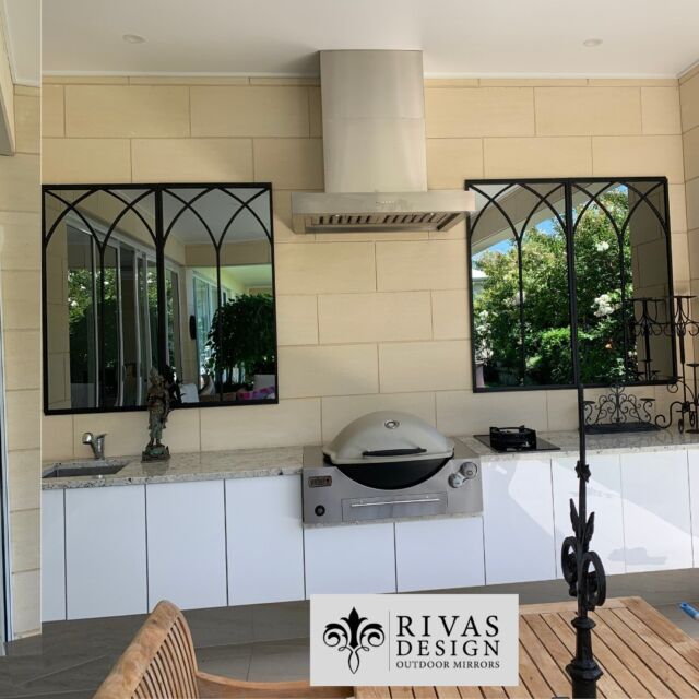 Our Double Arch design outdoor mirrors were used across this Adelaide wall to catch luscious garden vistas in this outdoor kitchen.⁠
Mirrors bounce light and garden glamour onto plain walls to create fabulous style.⁠
The Repeats mirrors in our range were designed for continuity and flow where you want to read the design across a wall. #outdoormirrors